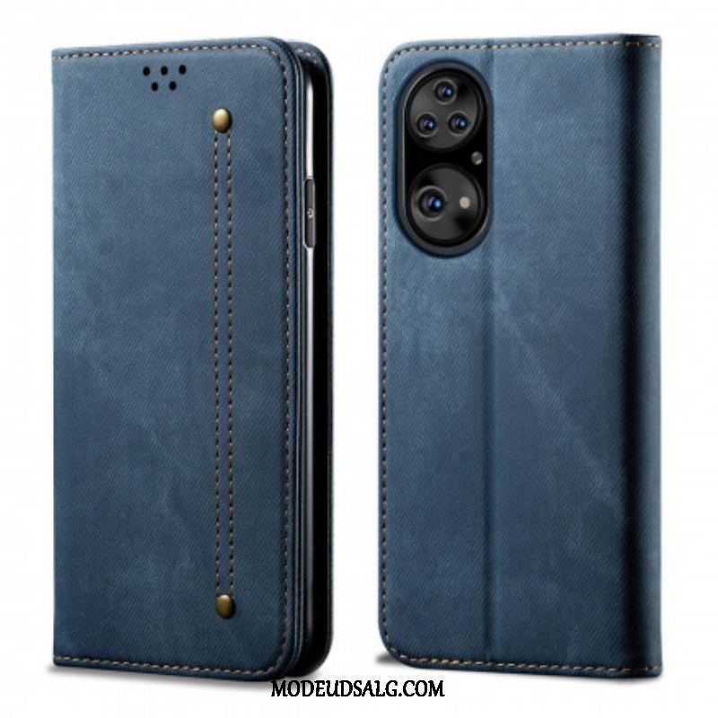 Cover Huawei P50 Pro Flip Cover Tekstur På Jeans I Imiteret Læder