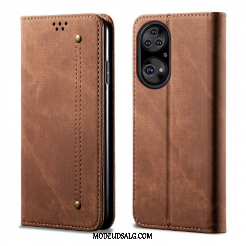 Cover Huawei P50 Pro Flip Cover Tekstur På Jeans I Imiteret Læder