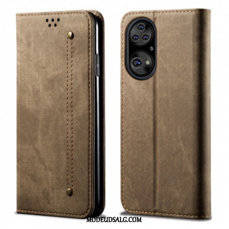 Cover Huawei P50 Pro Flip Cover Tekstur På Jeans I Imiteret Læder