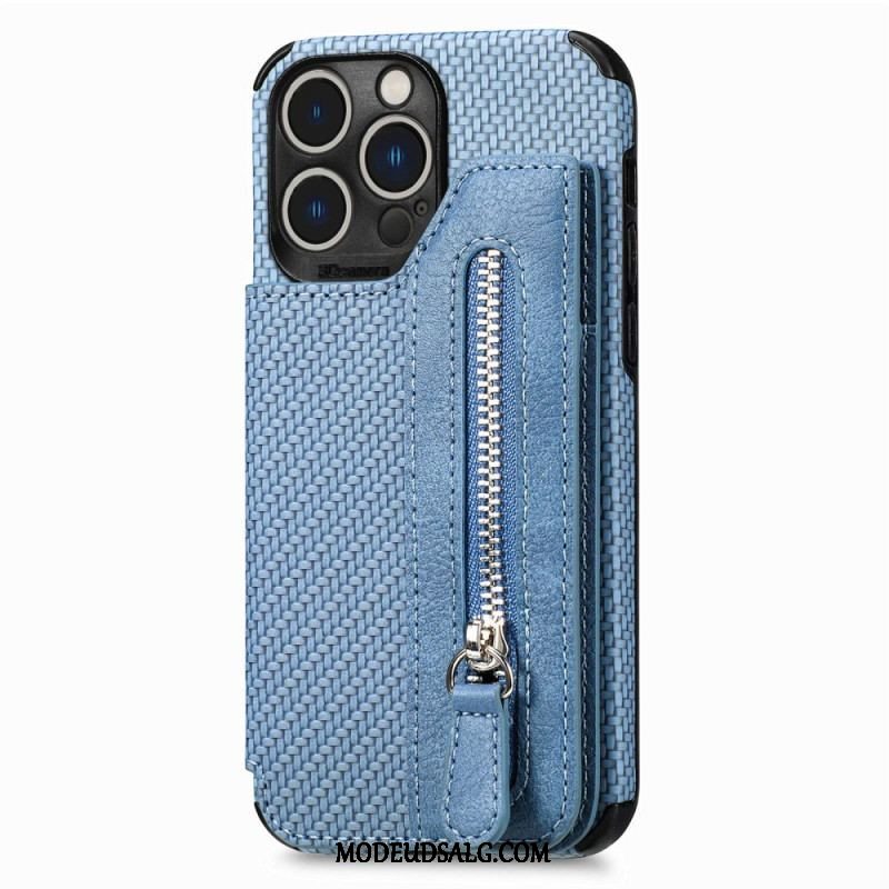 Cover iPhone 14 Pro Punge Etui Carbon Fiber Tegnebog Og Stativ