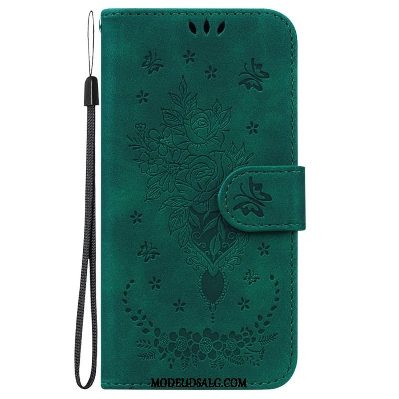 Flip Cover Moto G73 5G Med Snor Strappy Roser Og Sommerfugle