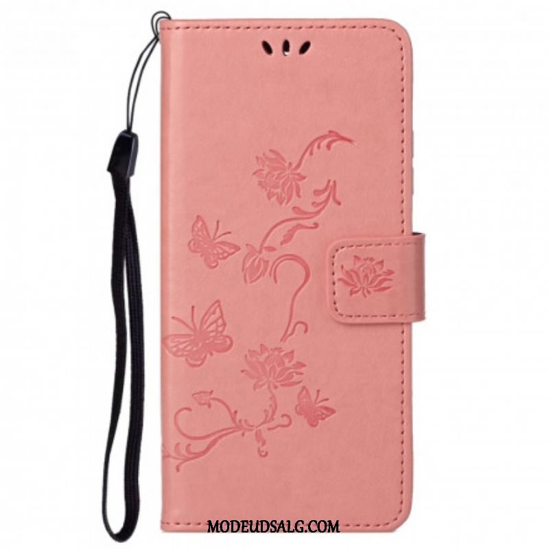 Flip Cover Motorola Edge 20 Pro Med Snor Sommerfugle Og Blomsterrem