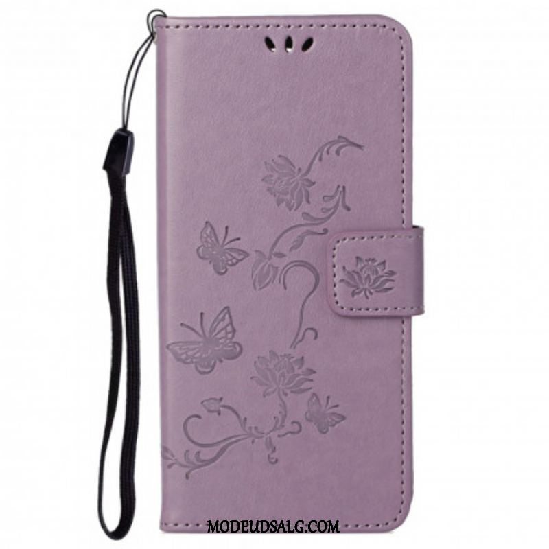 Flip Cover Motorola Edge 20 Pro Med Snor Sommerfugle Og Blomsterrem