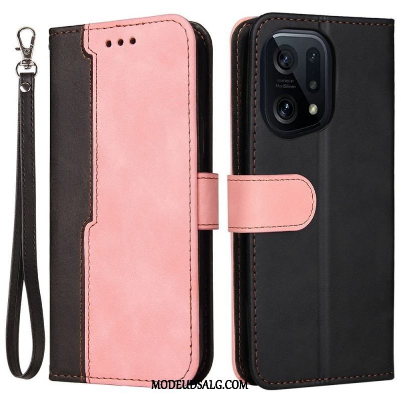 Flip Cover Oppo Find X5 Med Snor Premium Strop Tofarvet