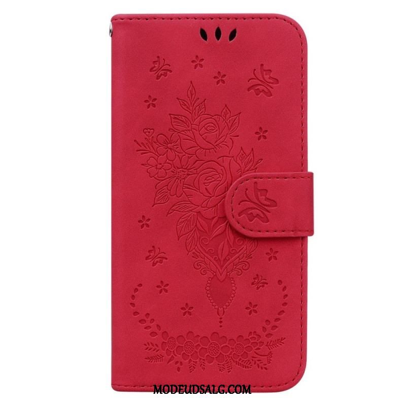 Flip Cover Oppo Reno 8 Med Snor Strappy Roser Og Sommerfugle