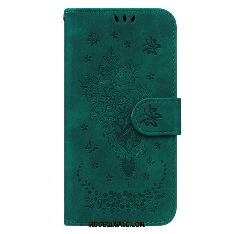 Flip Cover Oppo Reno 8 Med Snor Strappy Roser Og Sommerfugle