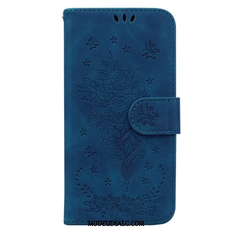 Flip Cover Oppo Reno 8 Med Snor Strappy Roser Og Sommerfugle