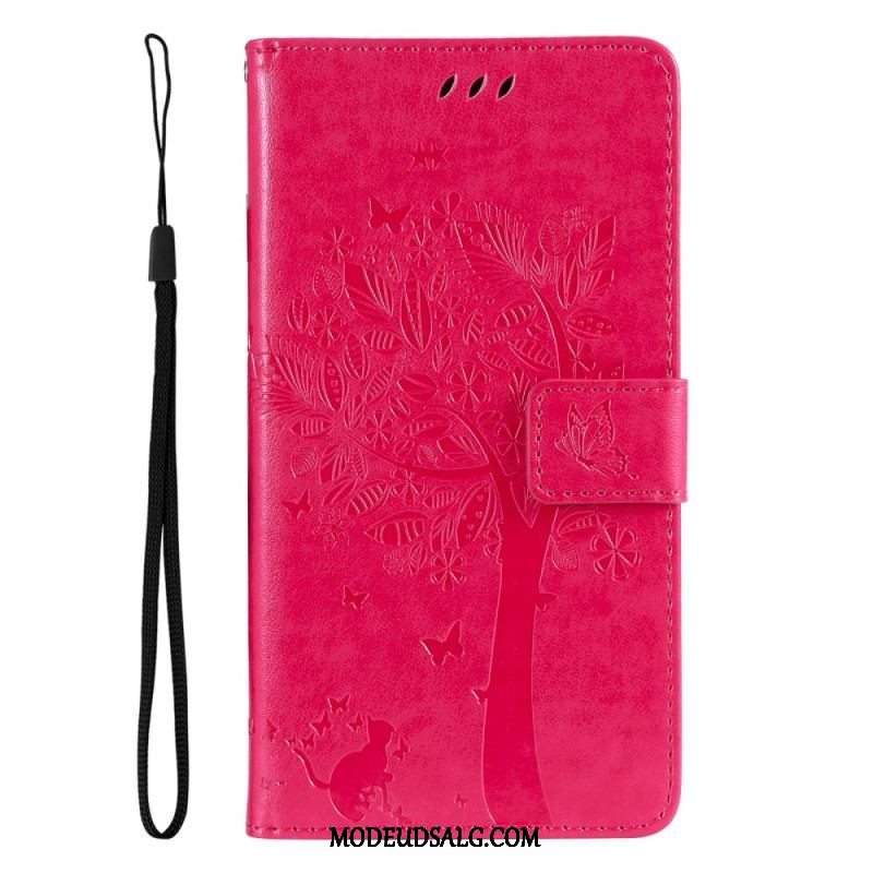 Flip Cover Oppo Reno 8 Med Snor Træ Og Strappy Kat