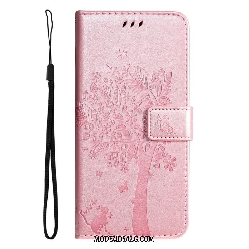 Flip Cover Oppo Reno 8 Med Snor Træ Og Strappy Kat