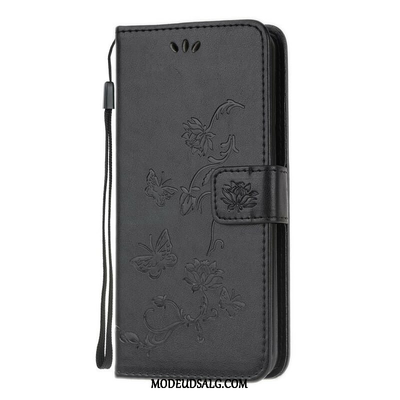 Flip Cover Samsung Galaxy A52 4G / A52 5G / A52s 5G Med Snor Thong Sommerfugle Og Blomster