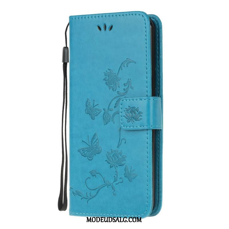 Flip Cover Samsung Galaxy A52 4G / A52 5G / A52s 5G Med Snor Thong Sommerfugle Og Blomster