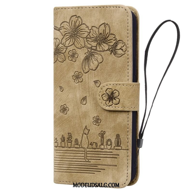 Flip Cover Samsung Galaxy A54 5G Med Snor Blomsterstreng Kat