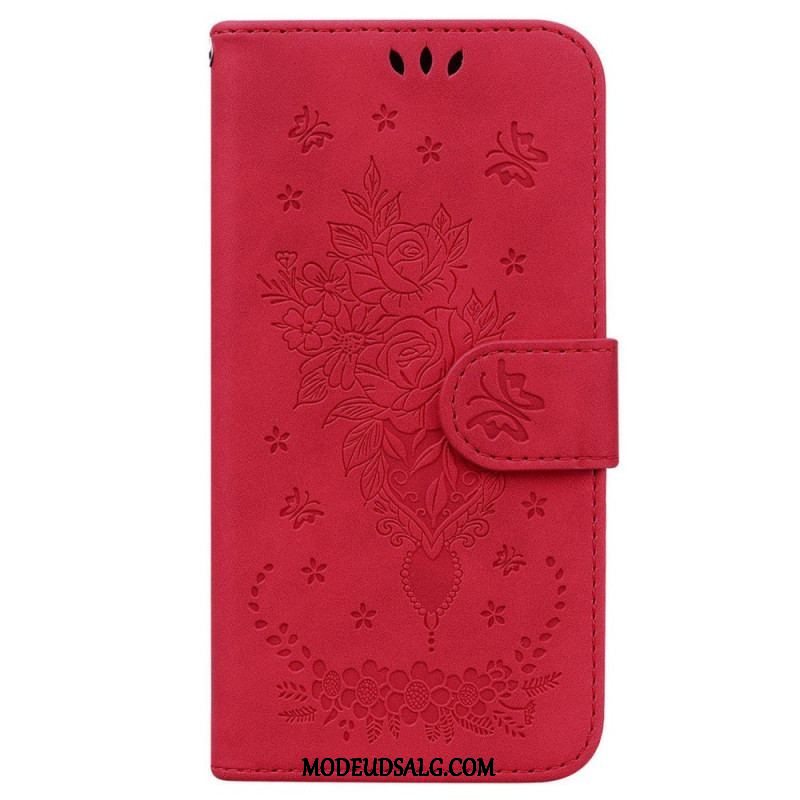 Flip Cover Samsung Galaxy M13 Med Snor Strappy Roser Og Sommerfugle