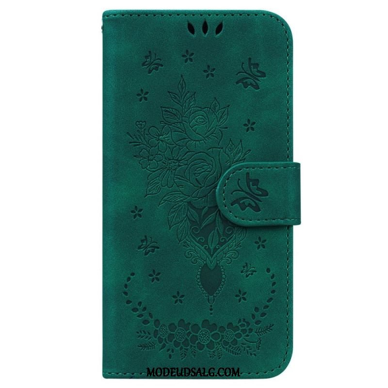 Flip Cover Samsung Galaxy M13 Med Snor Strappy Roser Og Sommerfugle