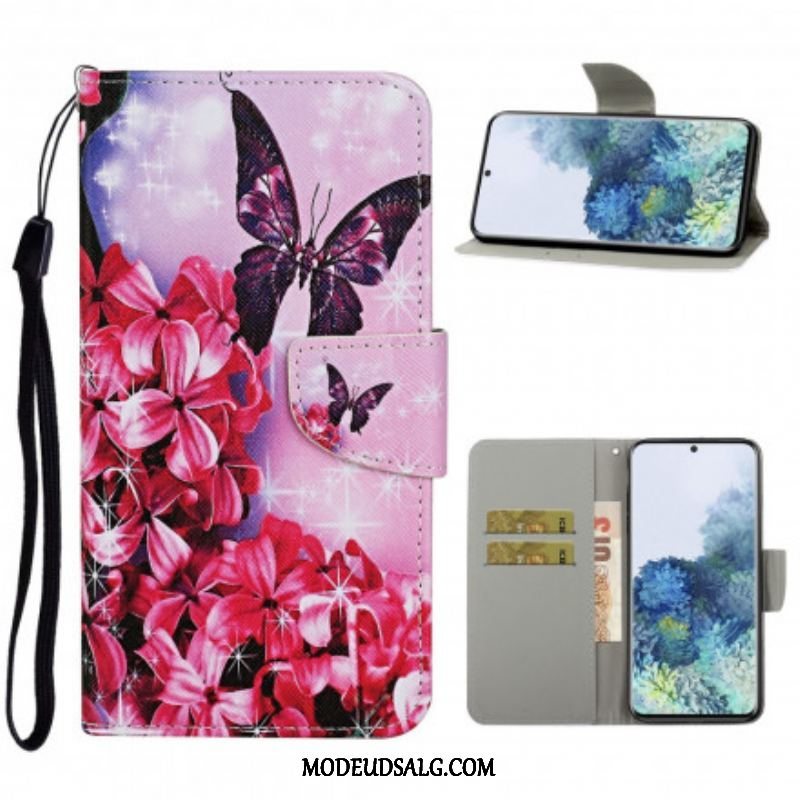 Flip Cover Samsung Galaxy S21 Ultra 5G Butterflies Floral Lanyard