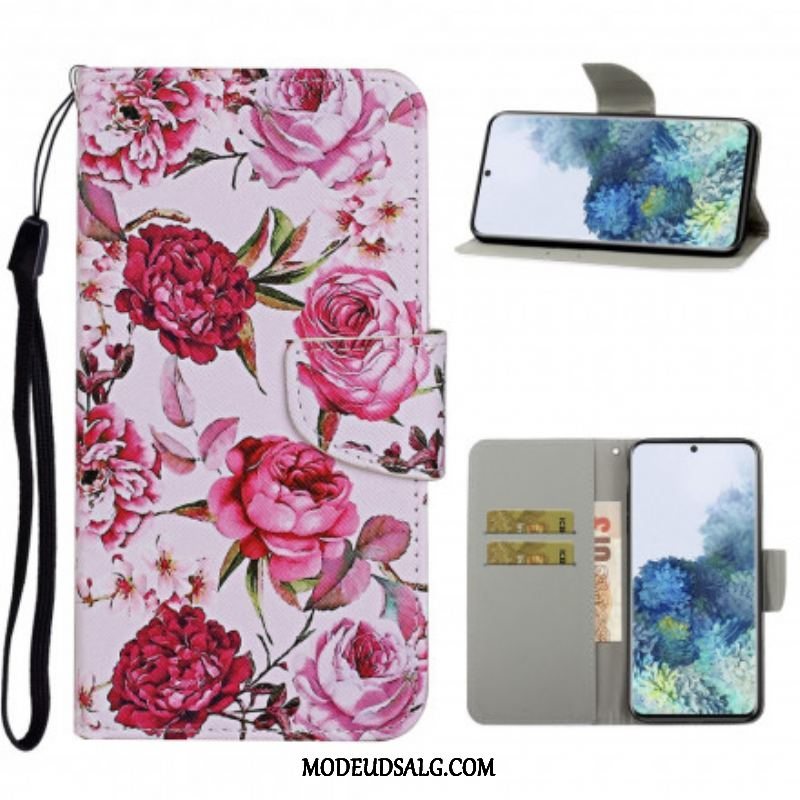 Flip Cover Samsung Galaxy S21 Ultra 5G Mesterlige Blomster Med Rem