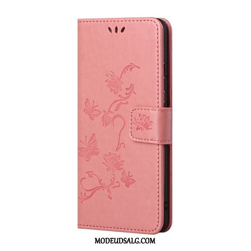 Flip Cover Samsung Galaxy S22 Plus 5G Med Snor Thong Sommerfugle Og Blomster