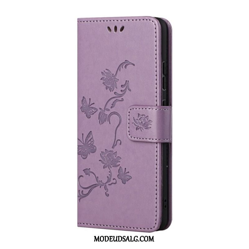 Flip Cover Samsung Galaxy S22 Plus 5G Med Snor Thong Sommerfugle Og Blomster