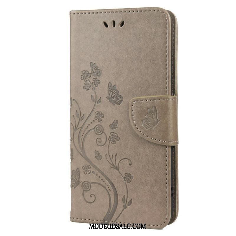 Flip Cover Samsung Galaxy S22 Plus 5G Sommerfugle Og Blomster Med Snor