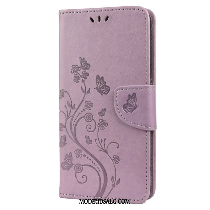 Flip Cover Samsung Galaxy S22 Plus 5G Sommerfugle Og Blomster Med Snor