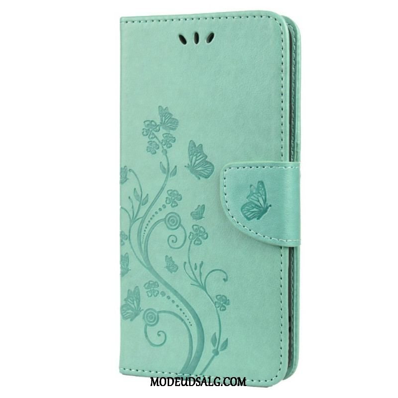 Flip Cover Samsung Galaxy S22 Plus 5G Sommerfugle Og Blomster Med Snor