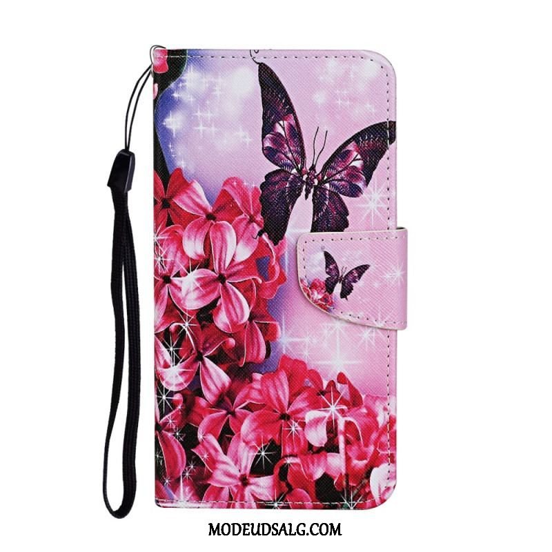 Flip Cover Samsung Galaxy S22 Ultra 5G Butterflies Floral Lanyard