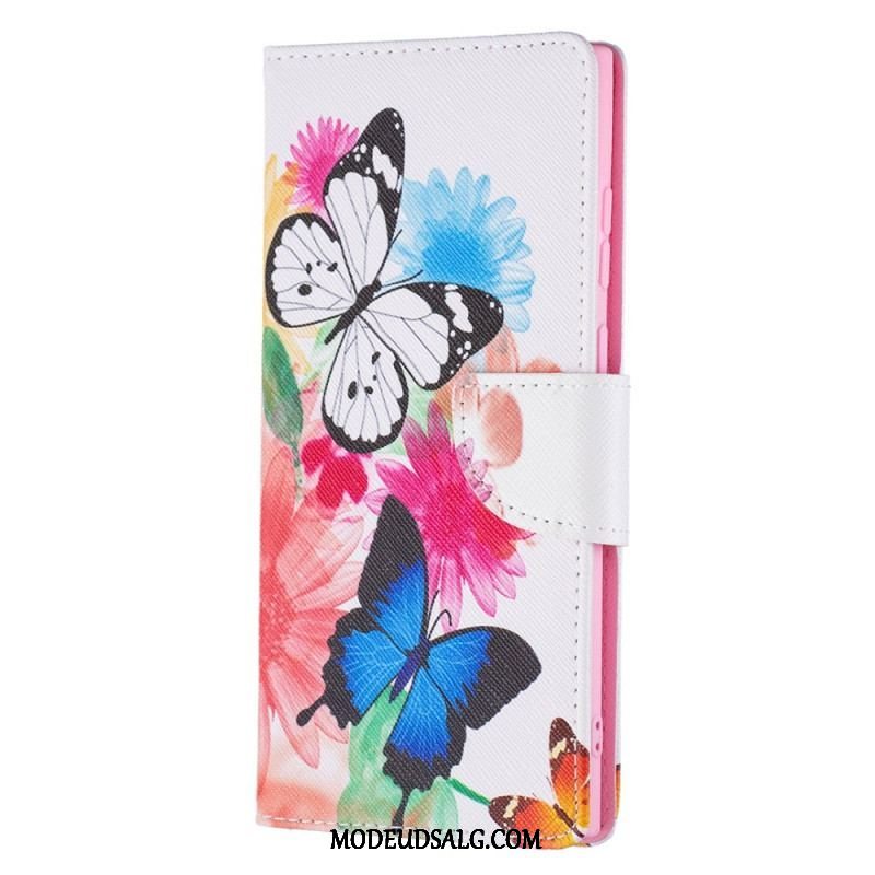 Flip Cover Samsung Galaxy S22 Ultra 5G Malede Sommerfugle Og Blomster