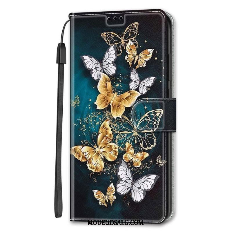 Flip Cover Samsung Galaxy S22 Ultra 5G Med Snor Strap Butterflies Fan