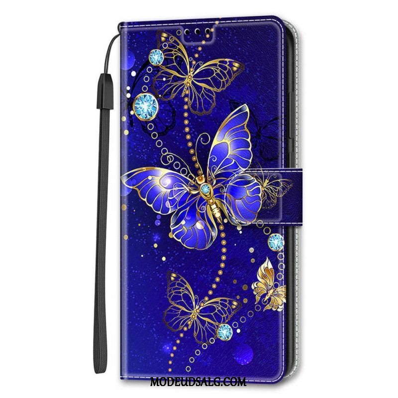 Flip Cover Samsung Galaxy S22 Ultra 5G Med Snor Strap Butterflies Fan