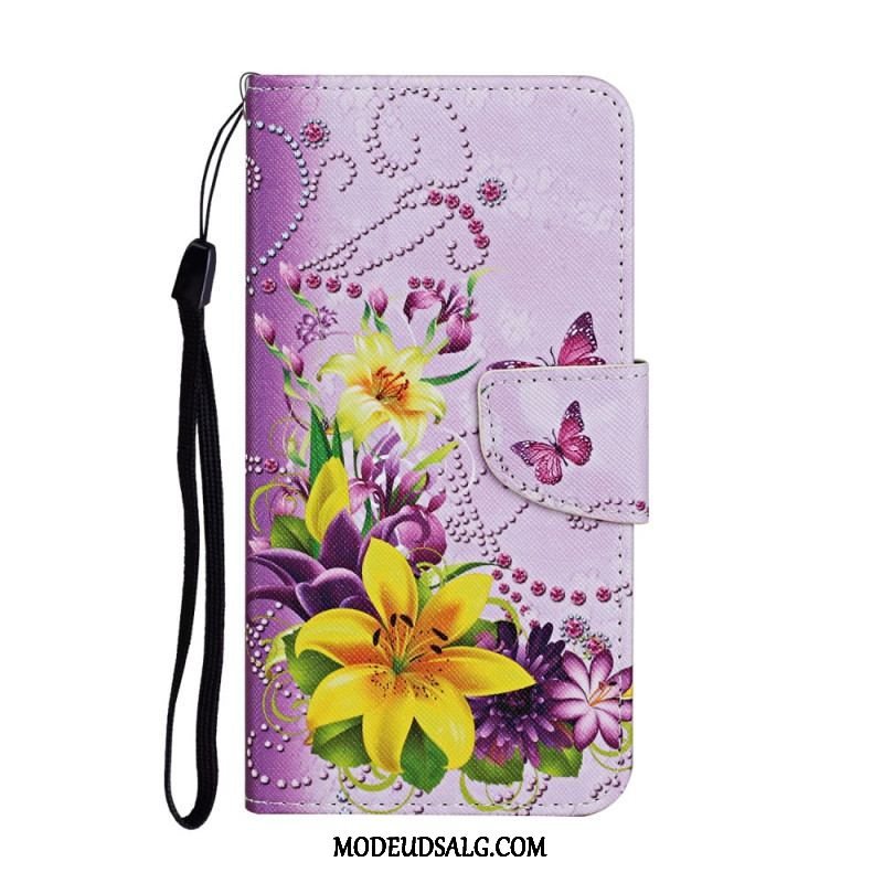 Flip Cover Samsung Galaxy S22 Ultra 5G Mesterlige Blomster Med Rem