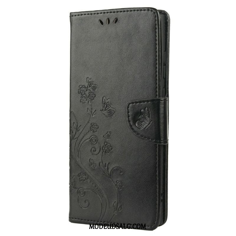 Flip Cover Samsung Galaxy S22 Ultra 5G Sommerfugle Og Blomster Med Snor