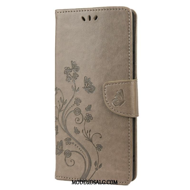 Flip Cover Samsung Galaxy S22 Ultra 5G Sommerfugle Og Blomster Med Snor