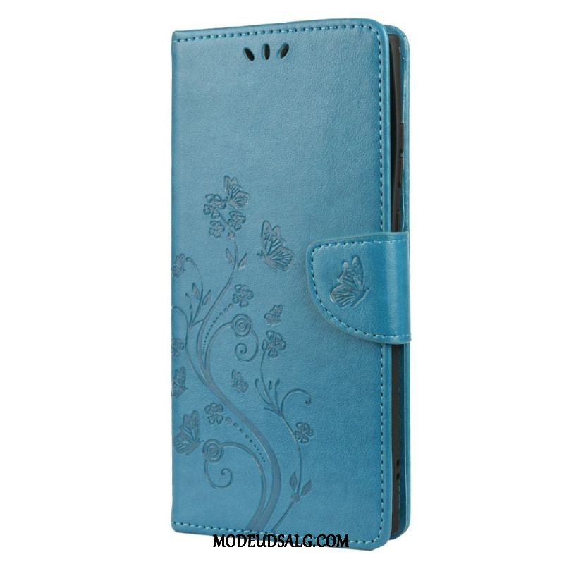 Flip Cover Samsung Galaxy S22 Ultra 5G Sommerfugle Og Blomster Med Snor