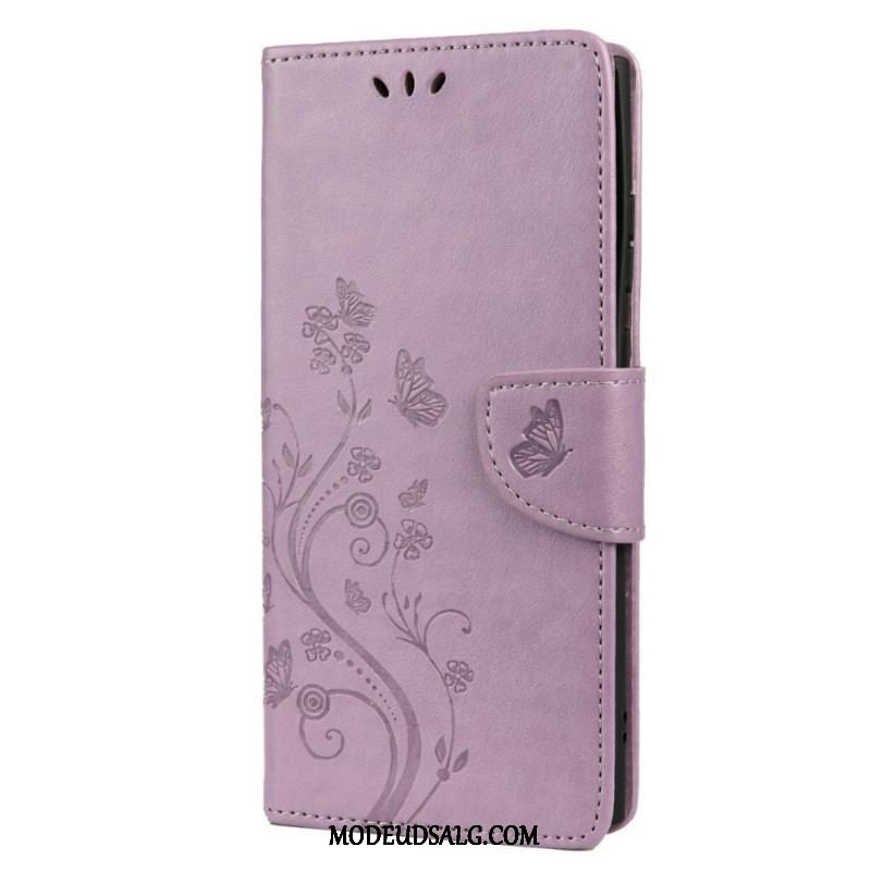 Flip Cover Samsung Galaxy S22 Ultra 5G Sommerfugle Og Blomster Med Snor