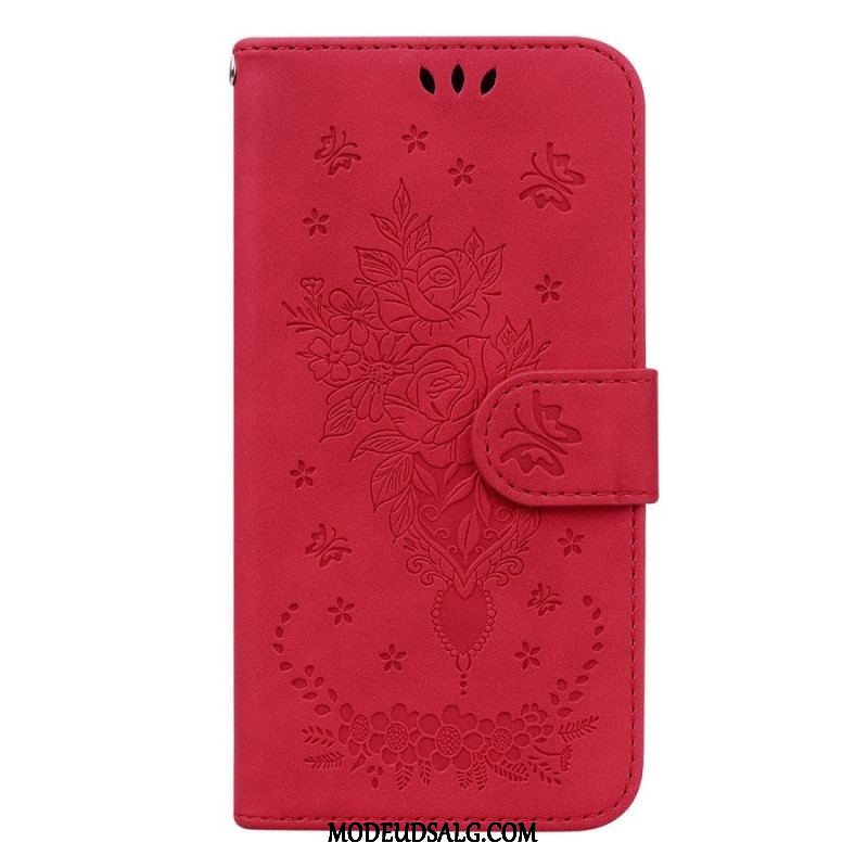 Flip Cover Samsung Galaxy S23 5G Med Snor Strappy Roser Og Sommerfugle