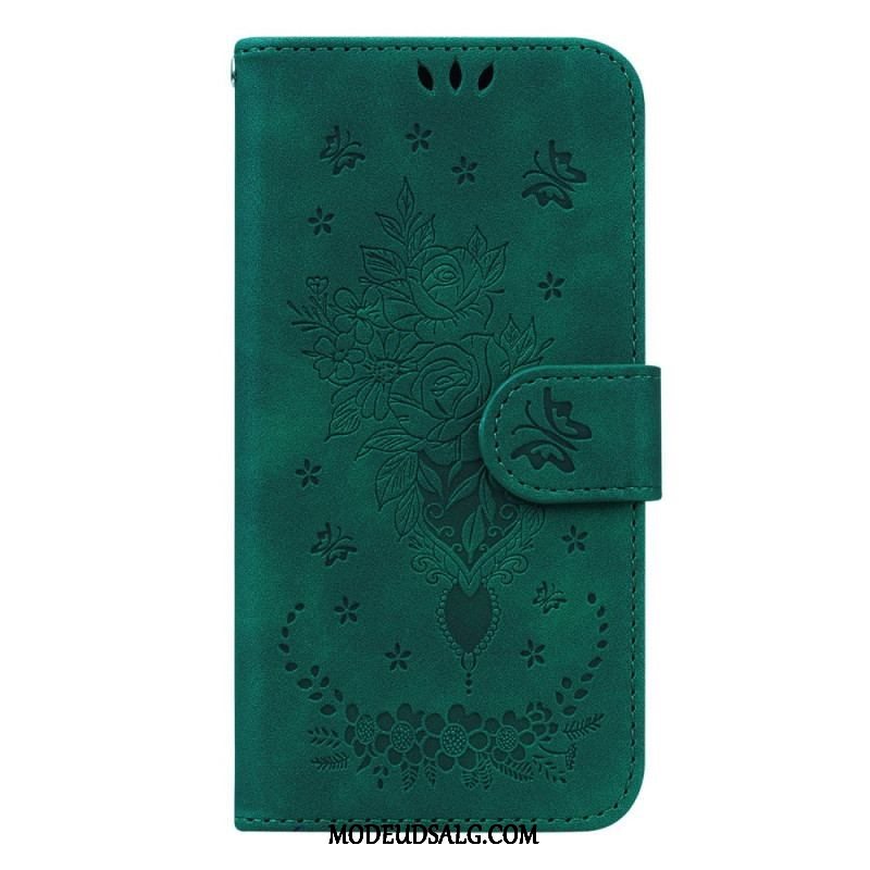 Flip Cover Samsung Galaxy S23 5G Med Snor Strappy Roser Og Sommerfugle