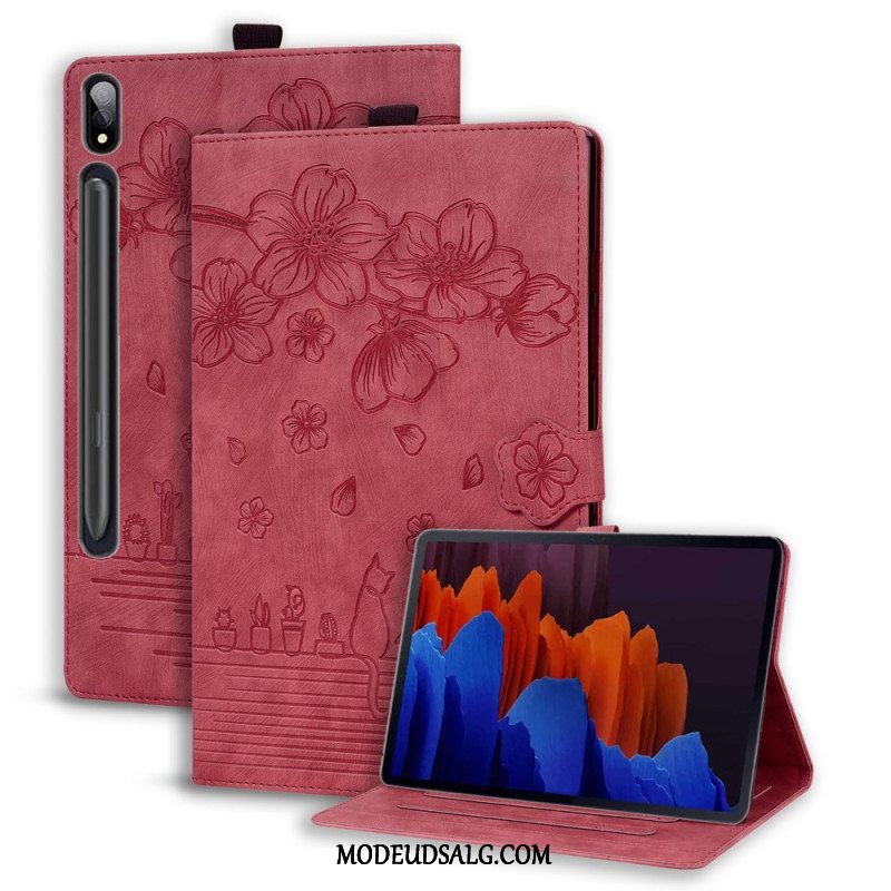 Flip Cover Samsung Galaxy Tab S9 Plus Katte Og Blomster Mønster