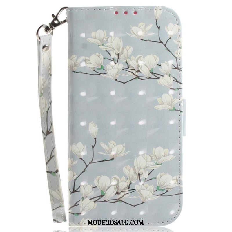 Flip Cover Sony Xperia 1 IV Med Snor Strappy Hvide Blomster