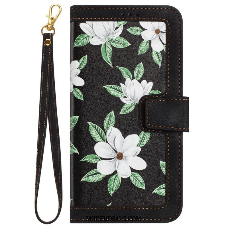 Flip Cover Til Samsung Galaxy S24 5g Kunstnerisk Blomstermønster Med Rem