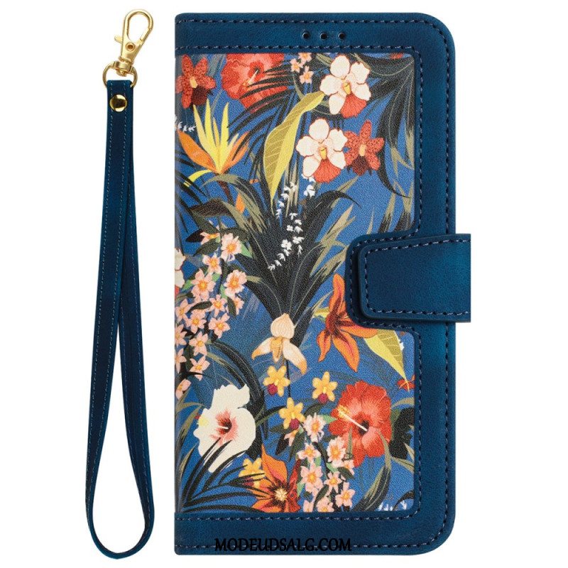 Flip Cover Til Samsung Galaxy S24 5g Kunstnerisk Blomstermønster Med Rem