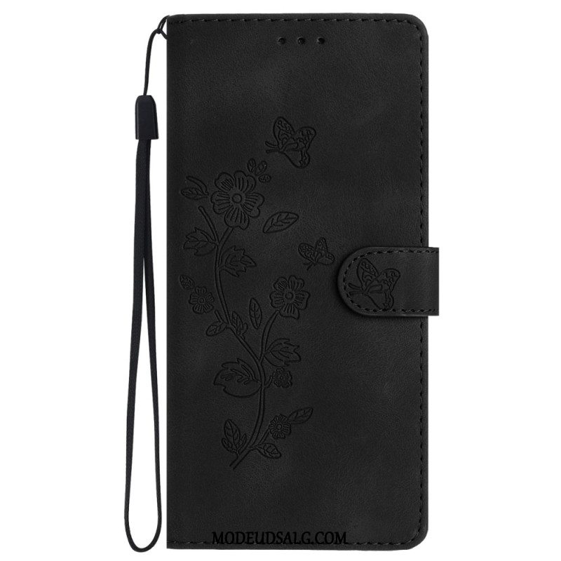 Flip Cover Til Samsung Galaxy S24 Plus 5g Trykte Blomster Og Snor