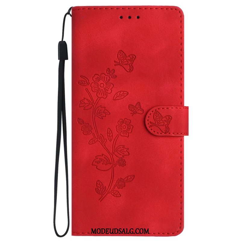 Flip Cover Til Samsung Galaxy S24 Plus 5g Trykte Blomster Og Snor