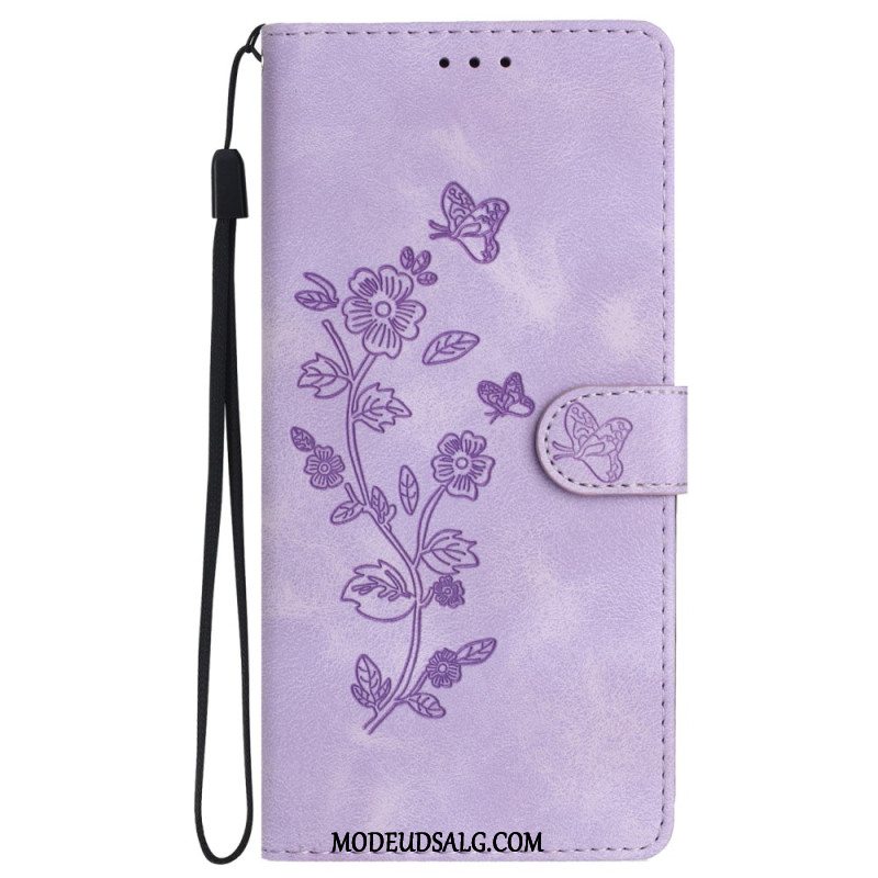 Flip Cover Til Samsung Galaxy S24 Plus 5g Trykte Blomster Og Snor