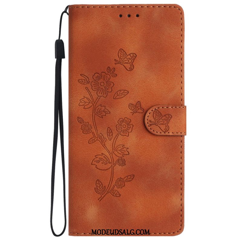 Flip Cover Til Samsung Galaxy S24 Plus 5g Trykte Blomster Og Snor