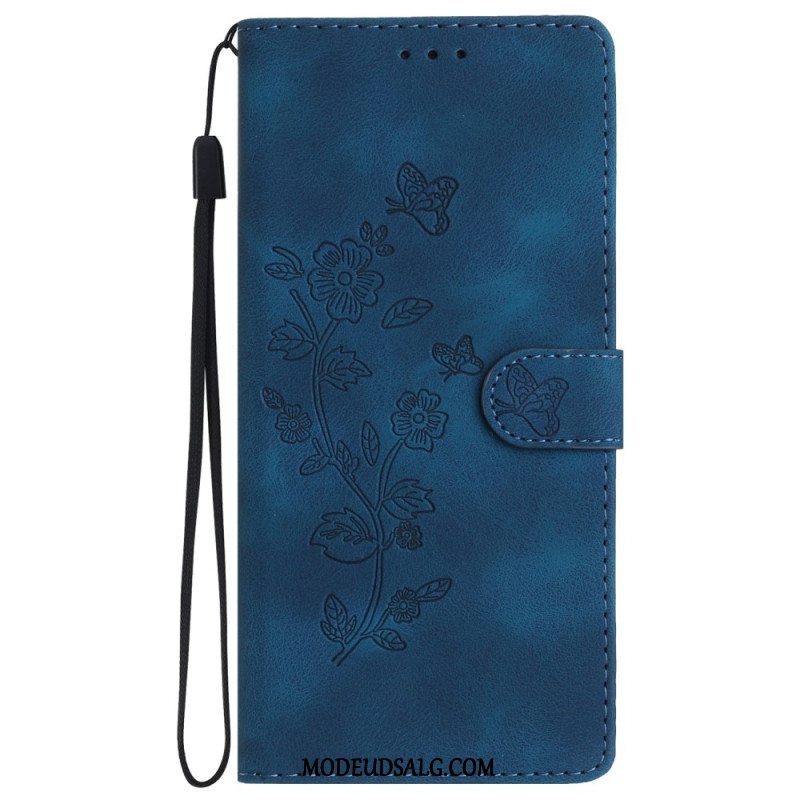 Flip Cover Til Samsung Galaxy S24 Plus 5g Trykte Blomster Og Snor