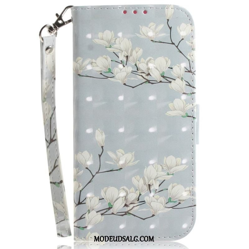 Flip Cover Xiaomi 12 / 12X Med Snor Strappy Hvide Blomster