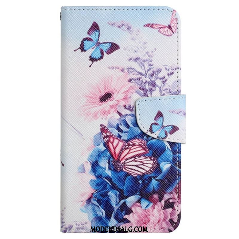 Flip Cover Xiaomi 12T / 12T Pro Blomstersommerfugle Med Snor