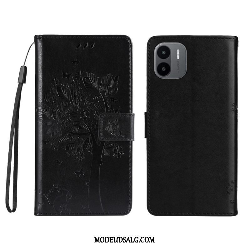 Flip Cover Xiaomi Redmi A1 Med Snor Træ Og Strappy Kat