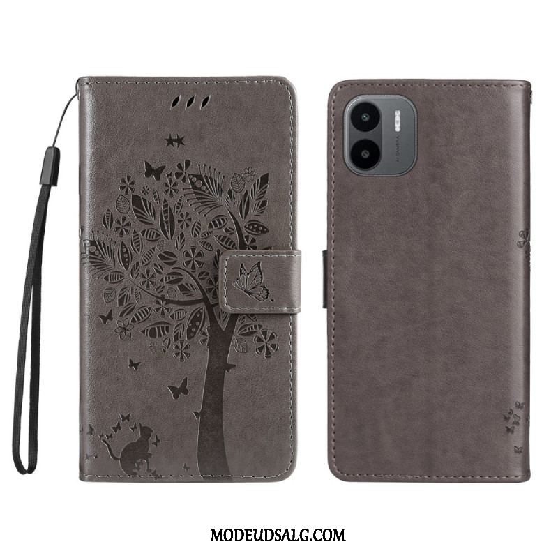 Flip Cover Xiaomi Redmi A1 Med Snor Træ Og Strappy Kat