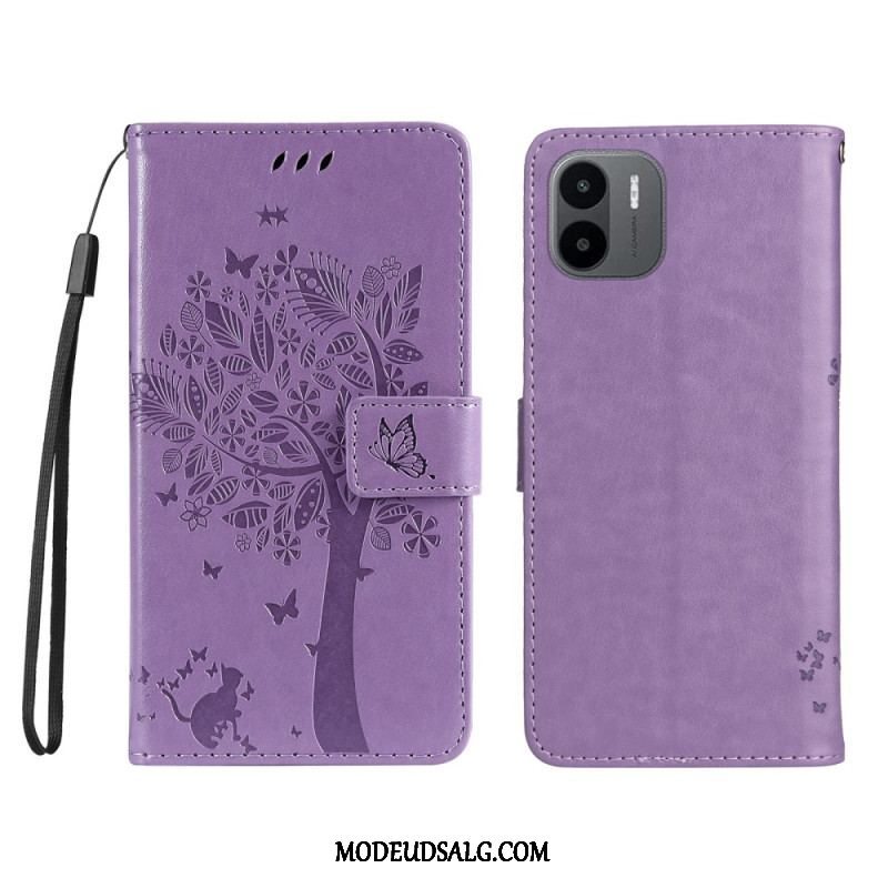 Flip Cover Xiaomi Redmi A1 Med Snor Træ Og Strappy Kat